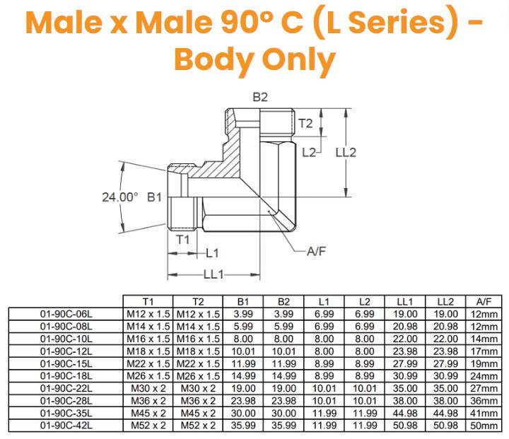 M12 (6L) M/M 90° Compact - Body Only Hydraulic Adaptor